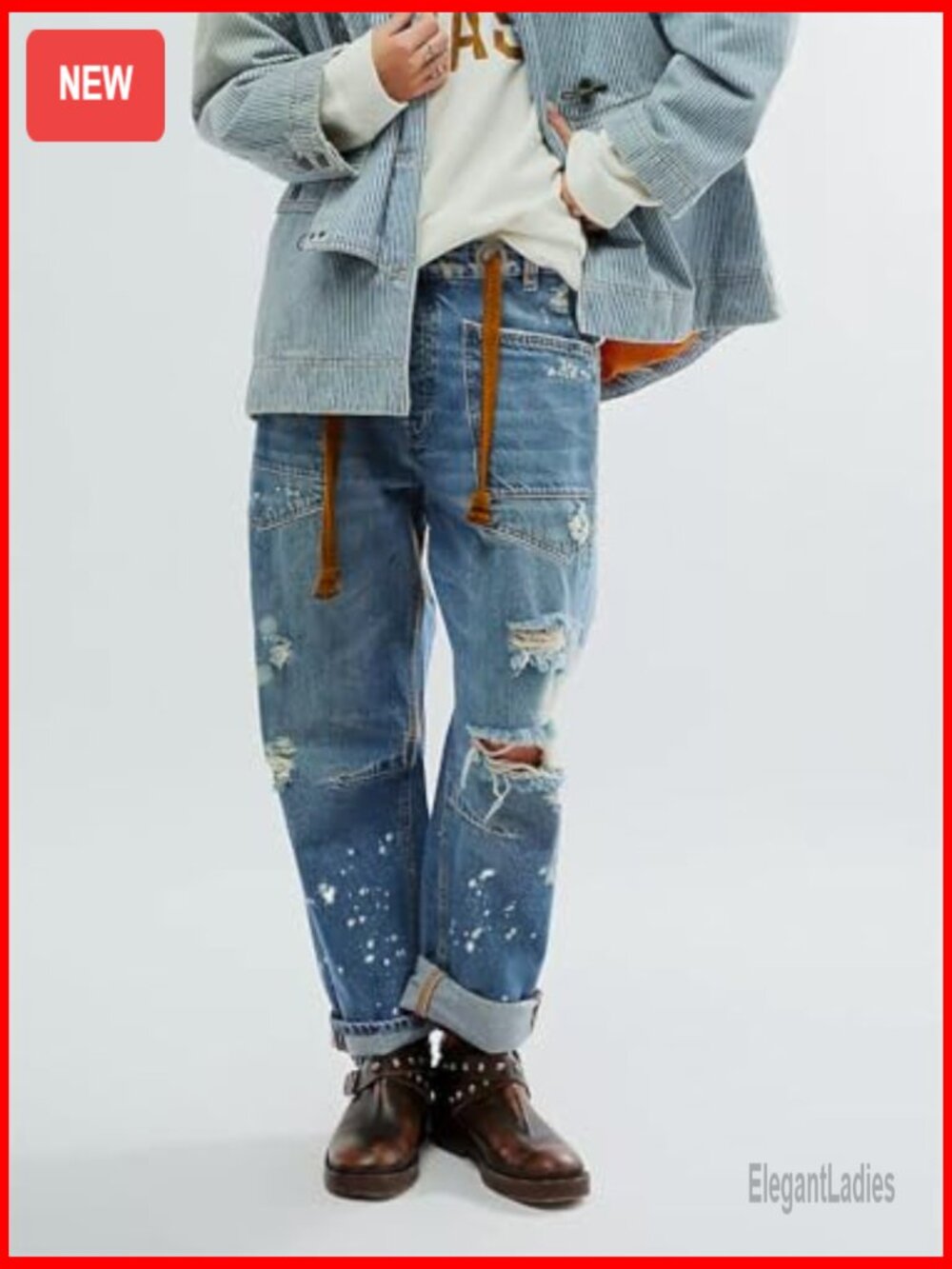 Wide Leg Barrel Jeans Mid Rise Drawstring Boyfriend Fit Denim Pants - Picture 4 of 7